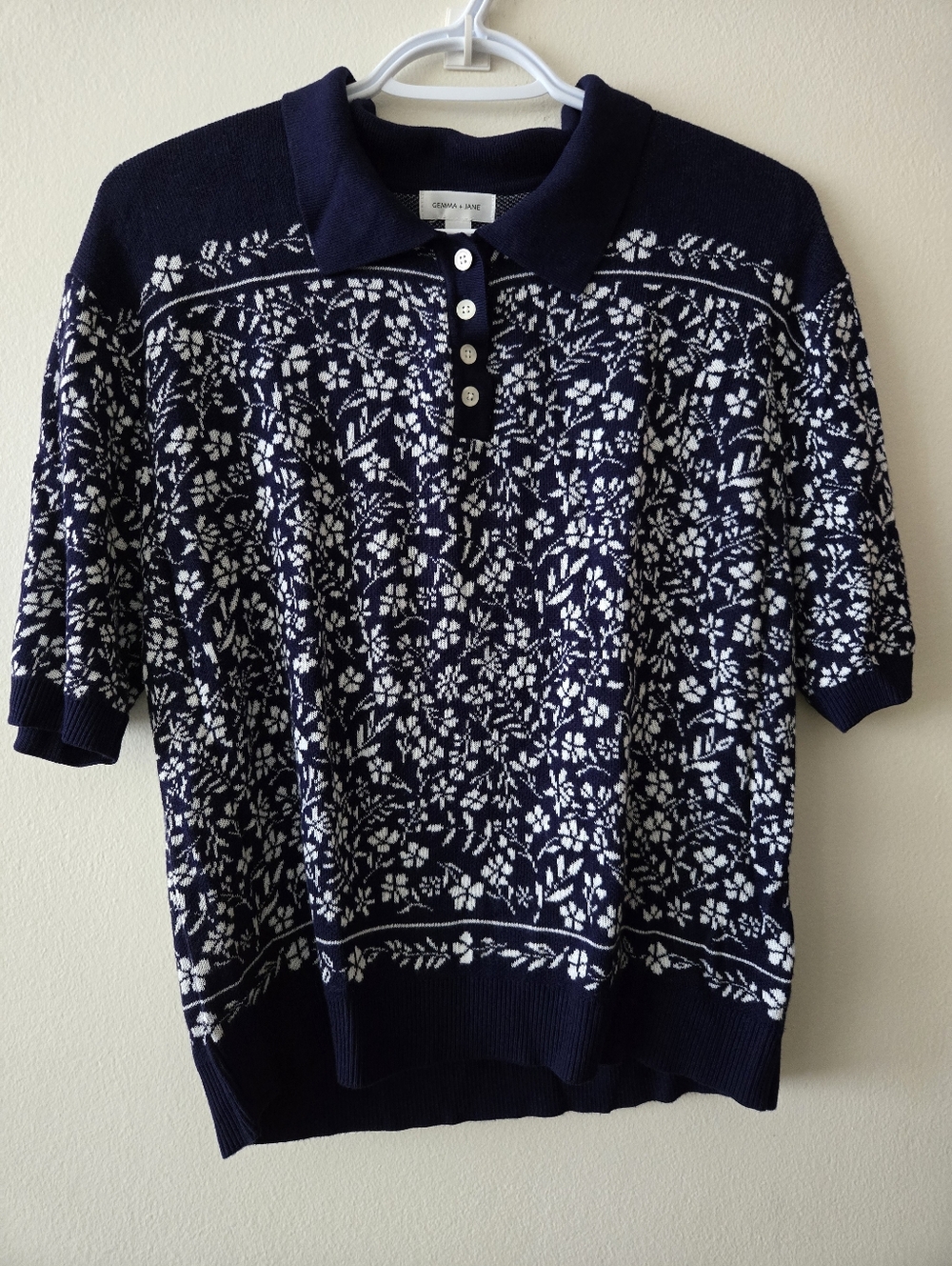 Gemma & Jane XL Navy Floral Polo Knit Sweater - Short Sleeve